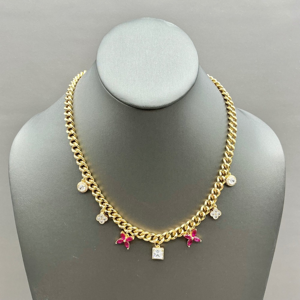Top Style Necklace Women Gold Tone Curb Chain Butterfly Flower Crystal Charms